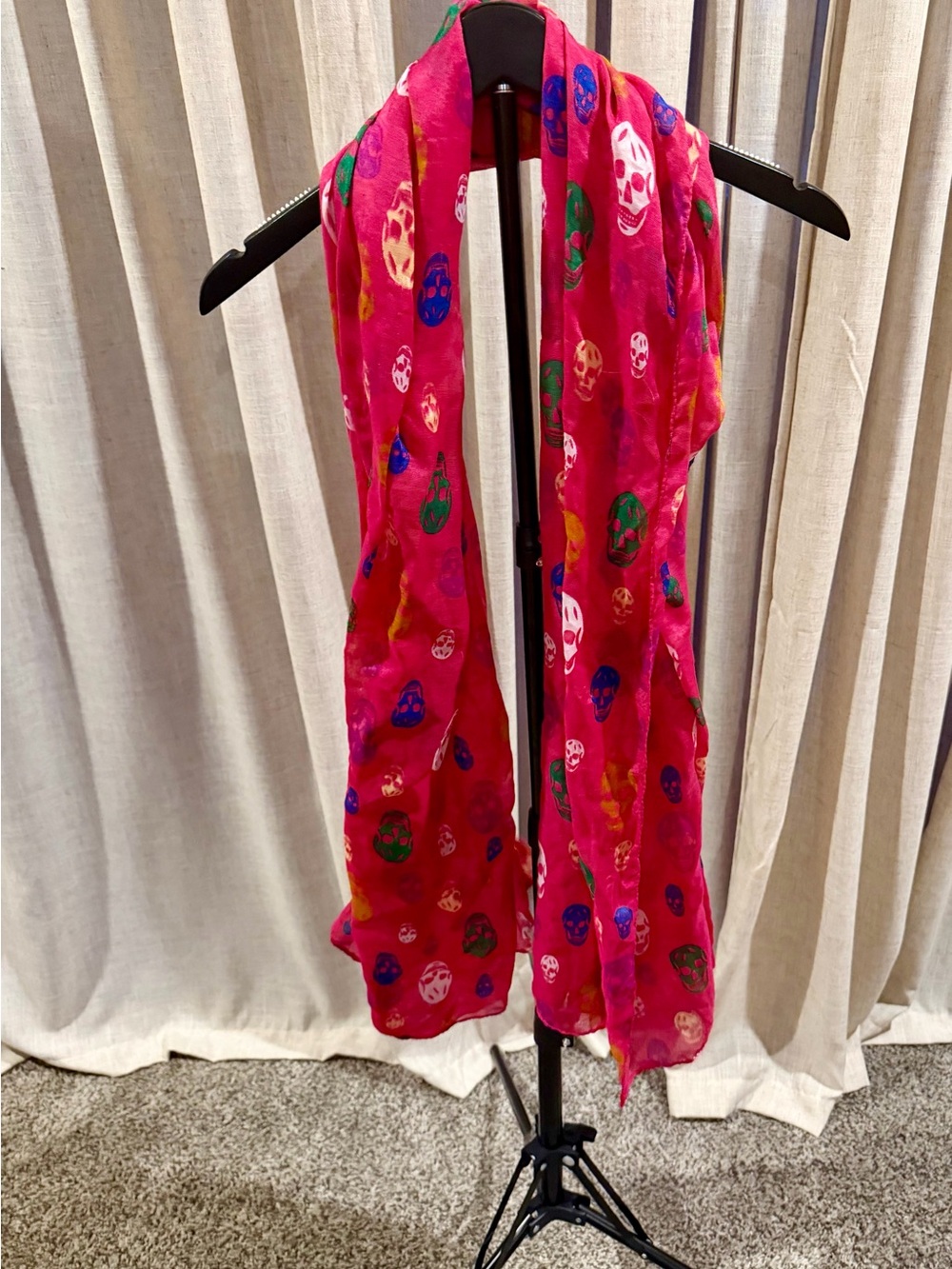 Bright Pink Skull-Print Lightweight Scarf